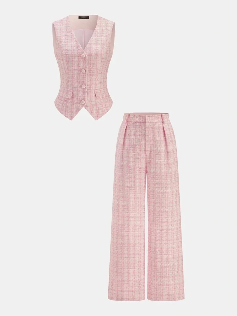 Commense 2 piece Sleeveless Pink Tweed Vest & Wide-Leg Pants Set